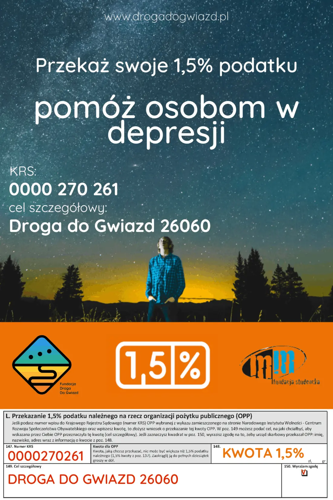 Instrukcja przekazania 1,5% podatku: KRS 0000270261, cel Droga do Gwiazd 26060